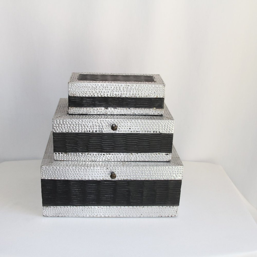 3-Nested Hand Carved Wood Metal Decorative Boxes